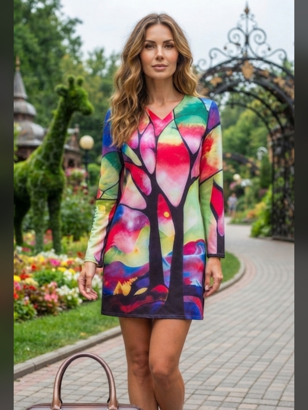 Stained Glass Tree Print Long-Sleeve Dress – Quick-Drying, Water-Resistant Mater